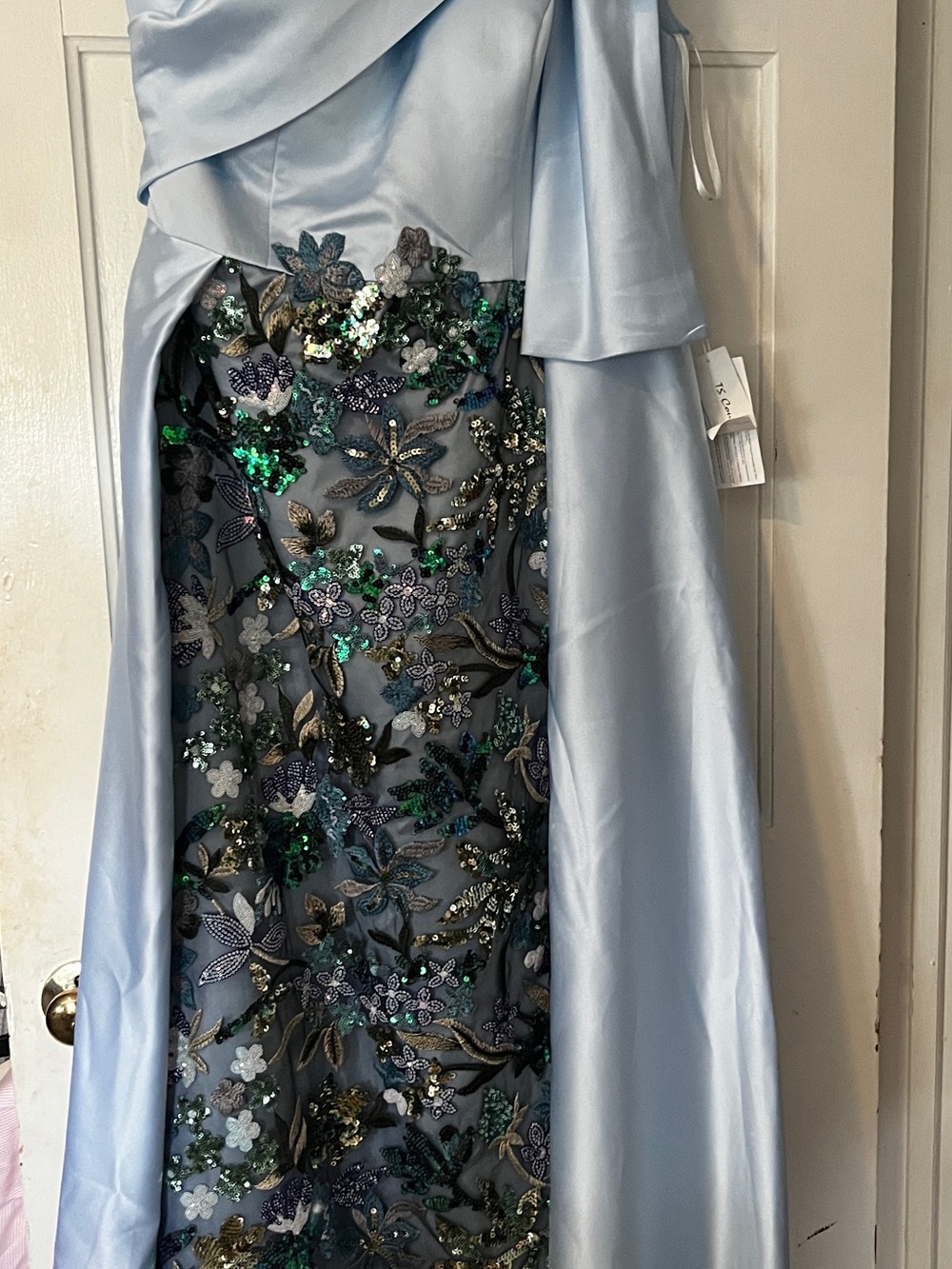 TS Couture -Off Shoulder Blue Satin Evening Dress with Sequin Bodice Brand New